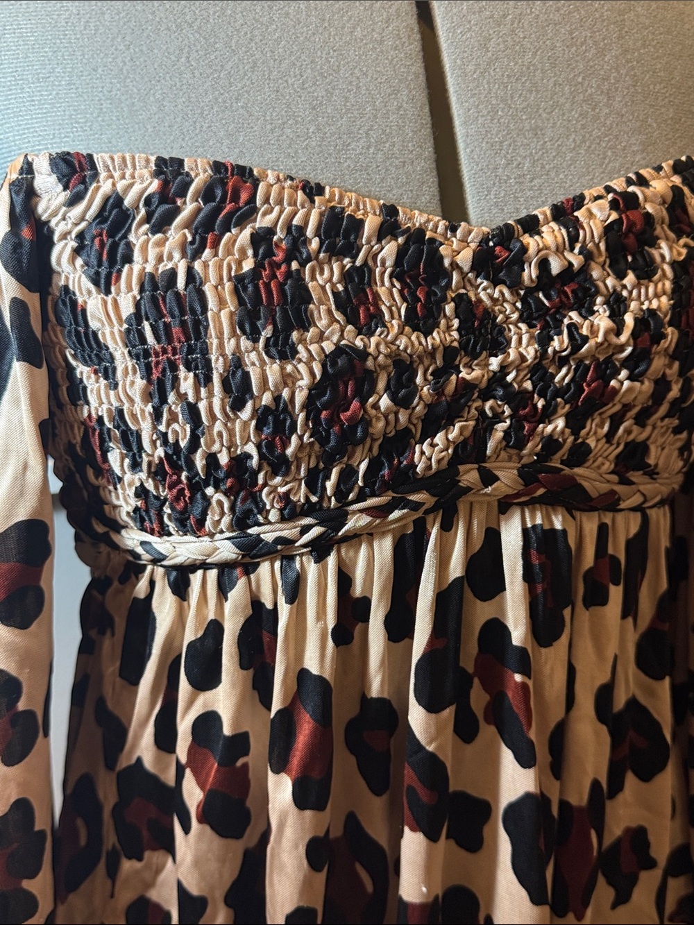 Sky Leopard Print Smocked Off-Shoulder Top - Beige & Brown - Picture 2 of 5